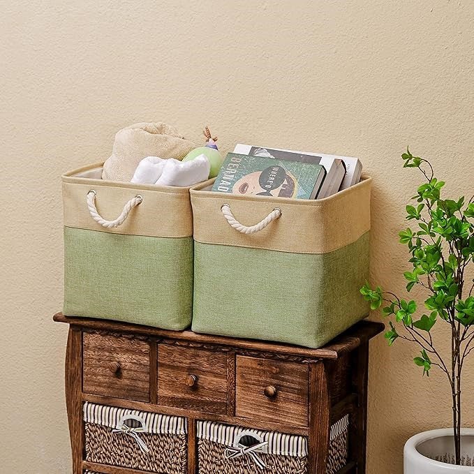 Panier De Rangement Linge - LingeBox™ - Beige & Vert - Rangement Universel